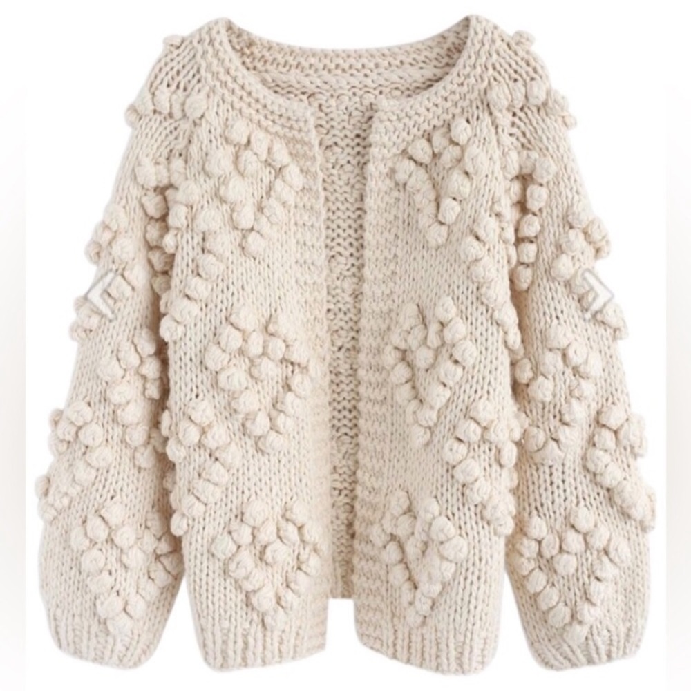 Chicwish Ivory Chunky Popcorn Heart Bubble Knit Long Sleeve Sweater Cardigan - Picture 2 of 7